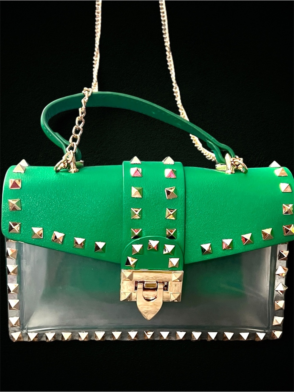 Green Stud-Embellished Clear Crossbody Bag with Gold Hardware